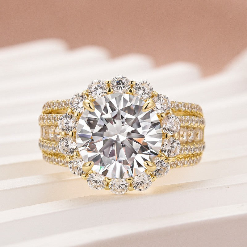 Moissanite Halo Split Shank 4.0Ct Round Cut Yellow Gold Engagement Ring