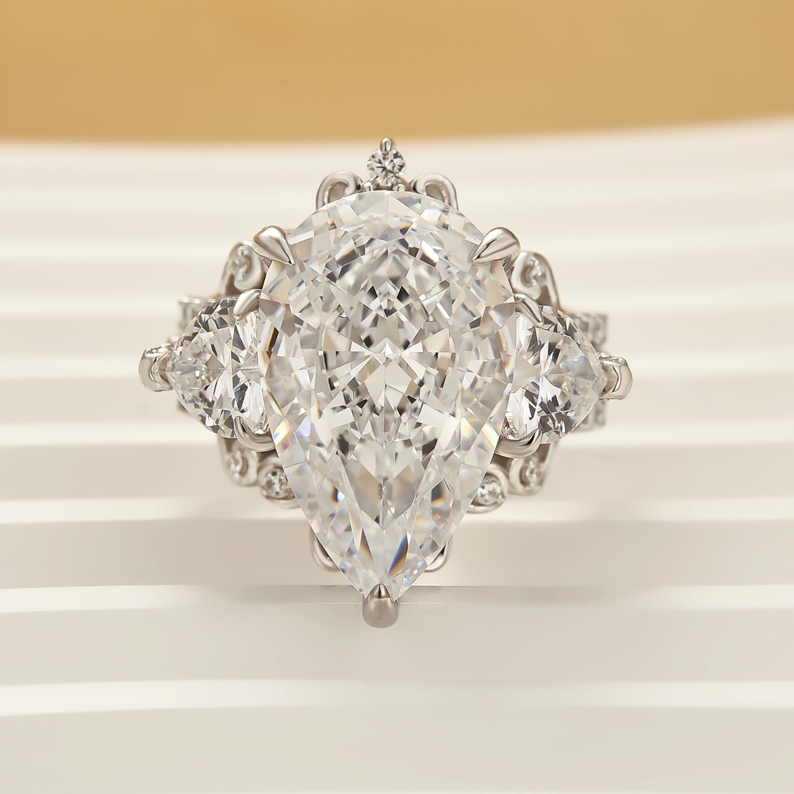 8.0 Carat Pear Cut Three Stone Insert Wedding Ring Set With Engagement Ring Enhancer