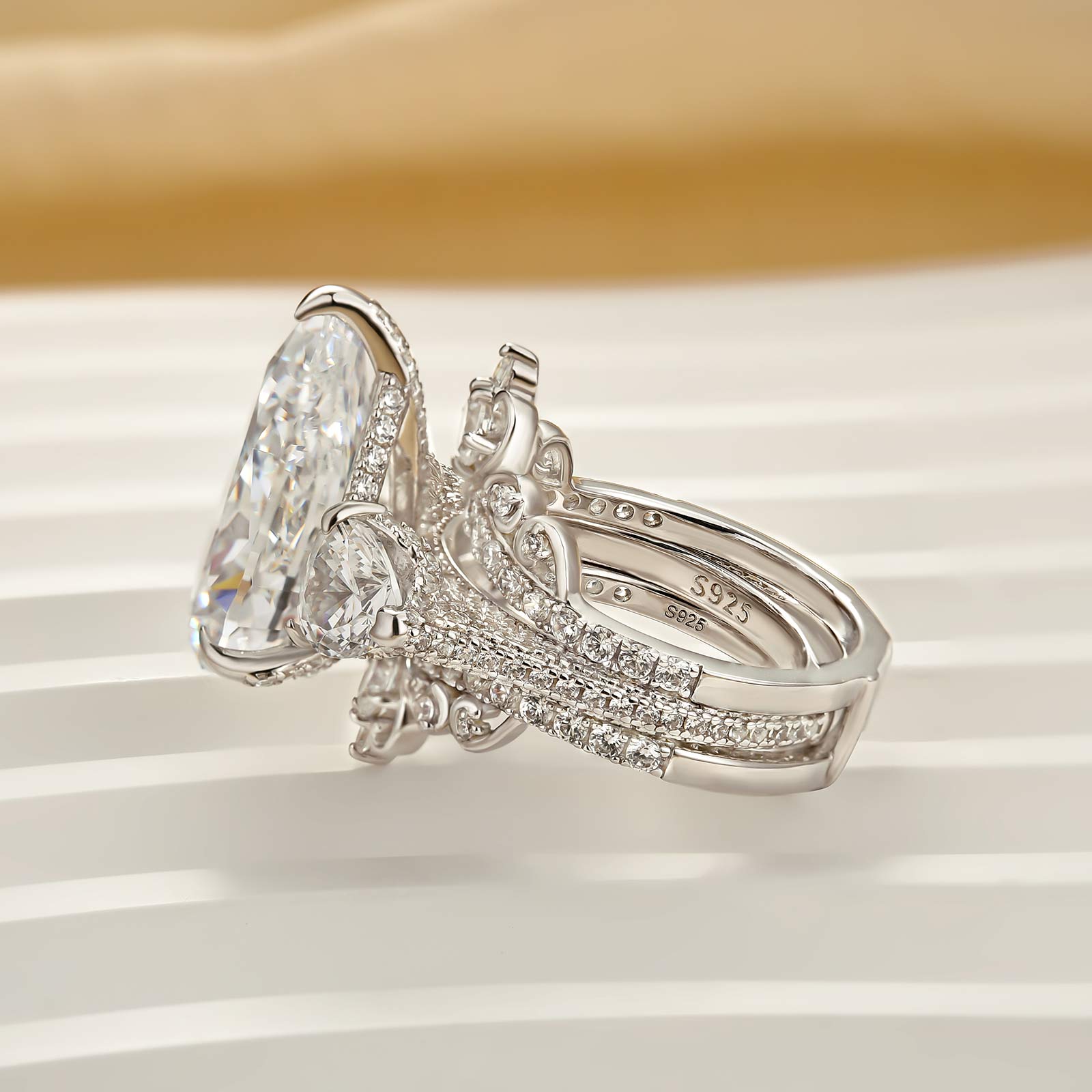 8.0 Carat Pear Cut Three Stone Insert Wedding Ring Set With Engagement Ring Enhancer