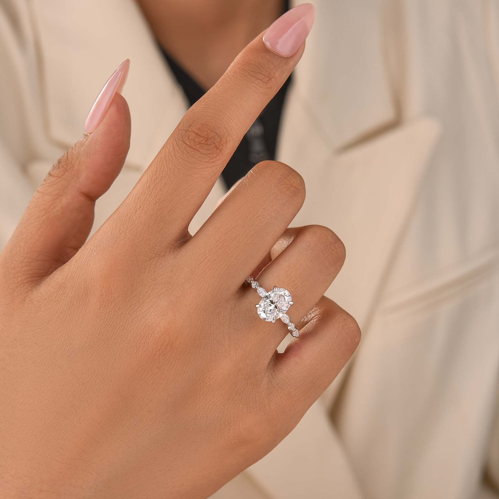 Moissanite 2.5CT Oval Cut Side Stone Milestone Engagement Ring For Women