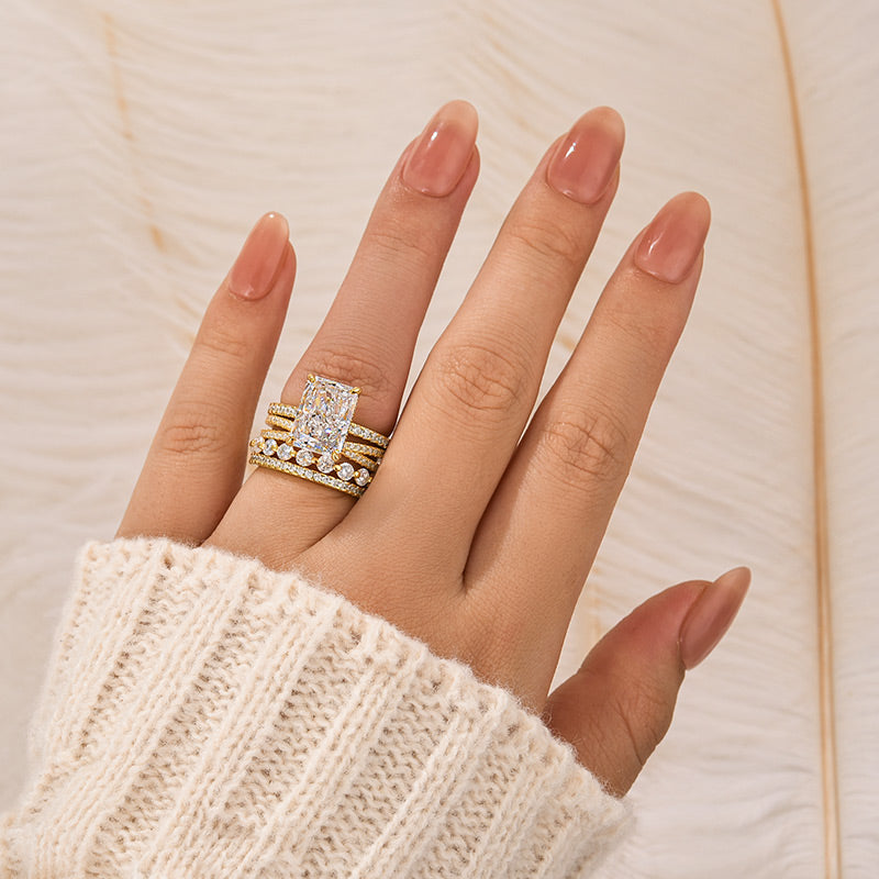 Louily 4PC Radiant Cut Wedding Ring Set With Classic Wedding Bands