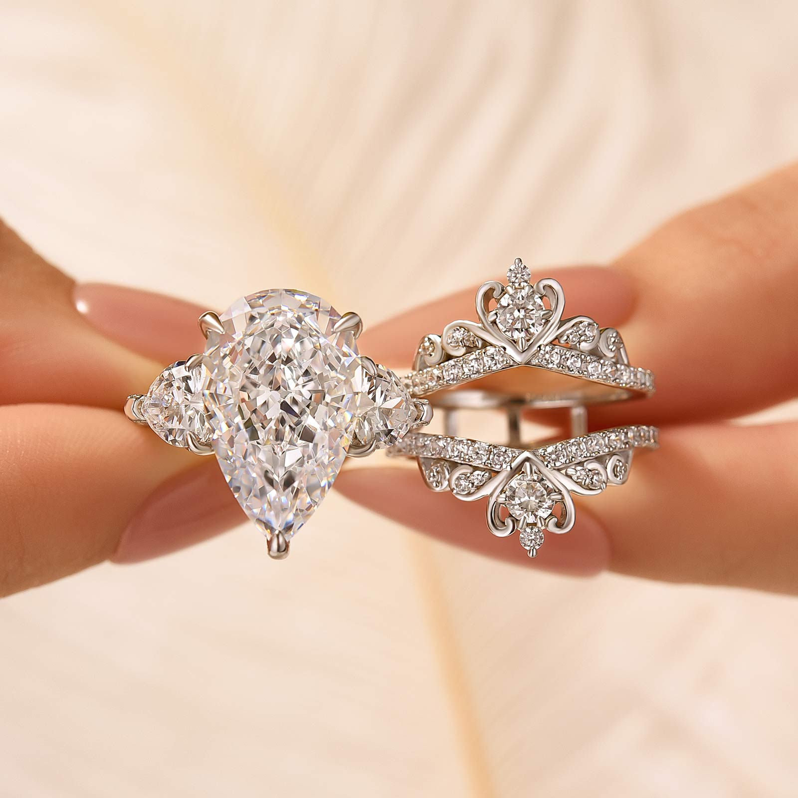 8.0 Carat Pear Cut Three Stone Insert Wedding Ring Set With Engagement Ring Enhancer