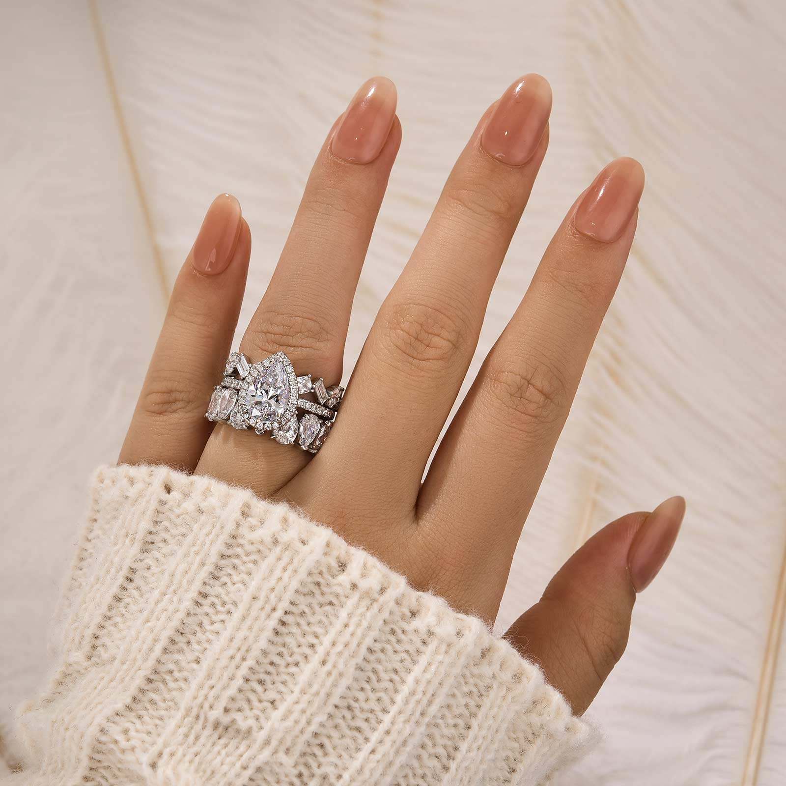 2.2 Carat Halo Pear Cut Wedding Ring Set With Two Luxurious Wedding Bands