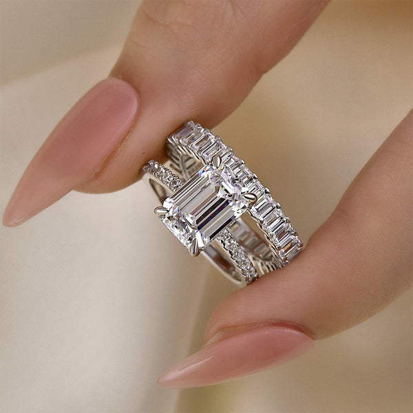 Louily Luxurious Emerald Cut Wedding Ring Set In Sterling Silver