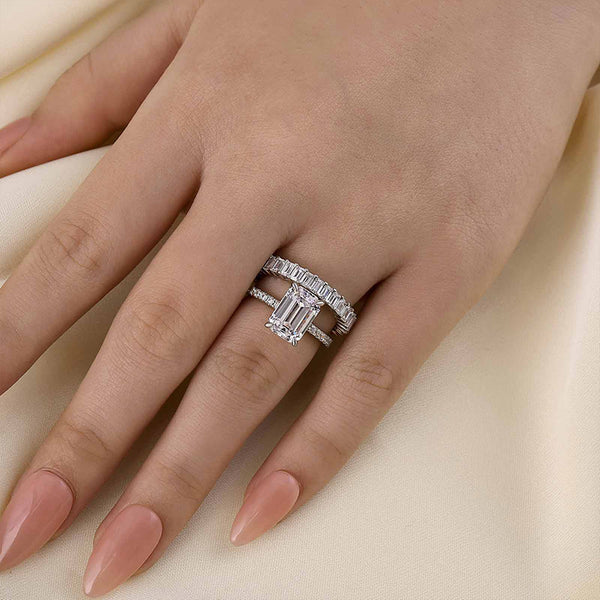 Louily Luxurious Emerald Cut Wedding Ring Set In Sterling Silver