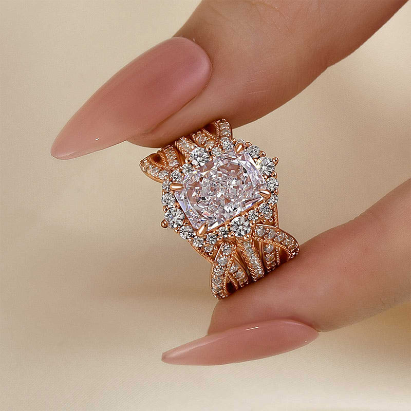 Louily Vintage Halo Radiant Cut Insert Wedding Ring Set For Women In Sterling Silver - louilyjewelry