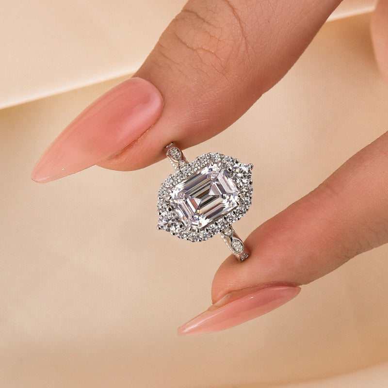 Louily Vintage Halo Emerald Cut Engagement Ring In Sterling Silver - louilyjewelry