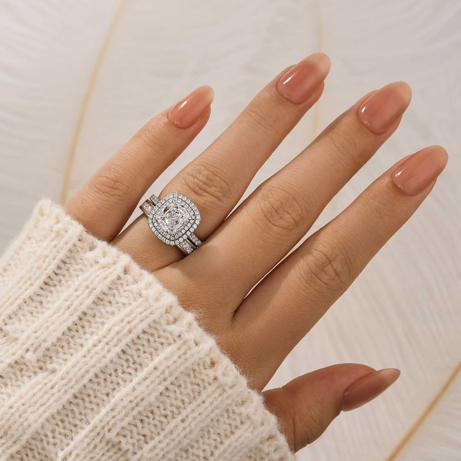 Double Halo Cushion Cut 2 Carat Engagement Ring With Channel Set Wedding Band