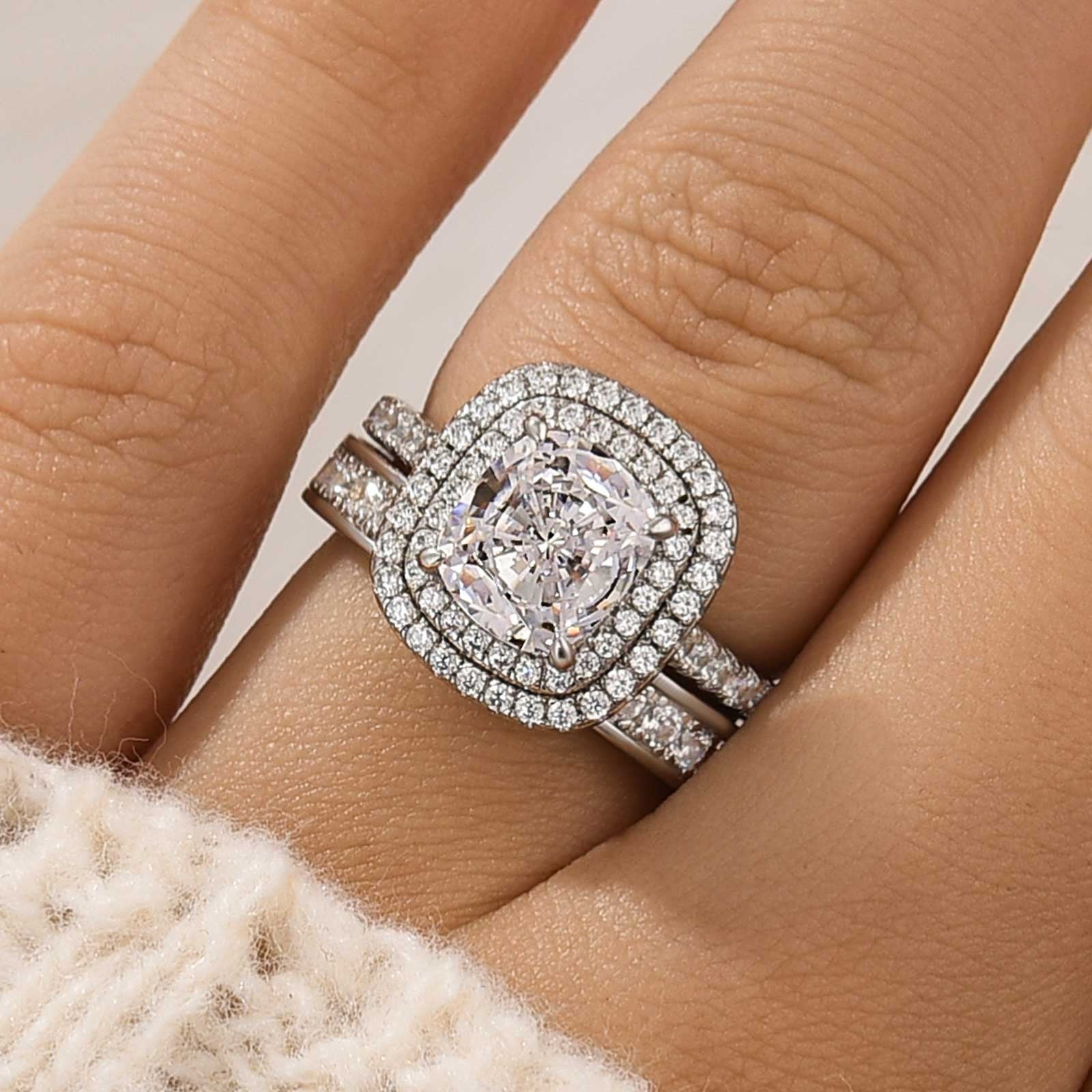 Double Halo Cushion Cut 2 Carat Engagement Ring With Channel Set Wedding Band