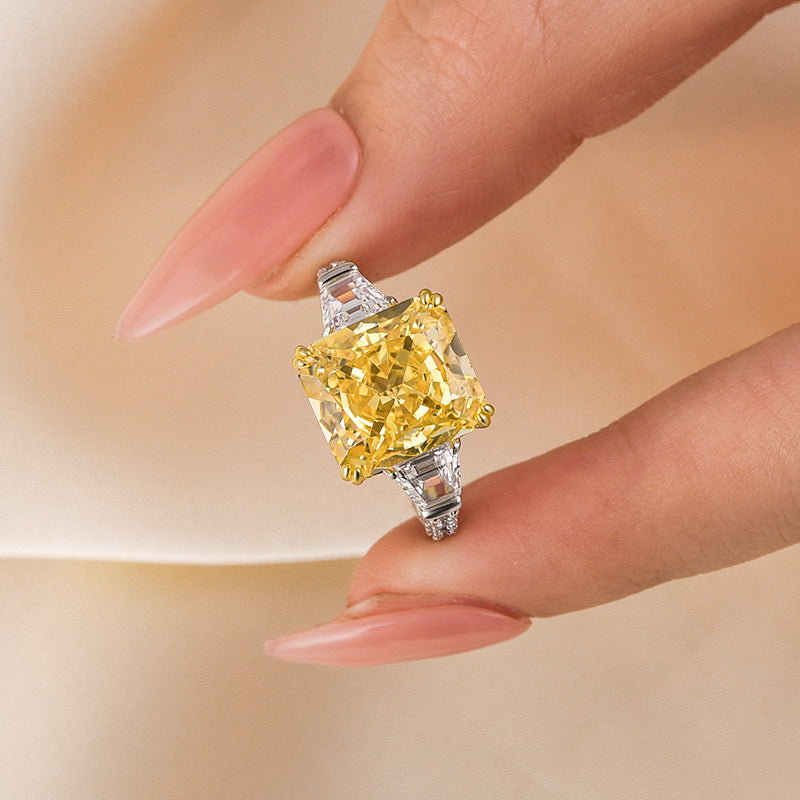 Louily Dazzling Yellow Stone Radiant Cut Three Stone Engagement Ring In Sterling Silver - louilyjewelry