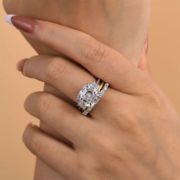 Louily Exclusive Asscher Cut Three Stone 3PC Wedding Ring Set In Sterling Silver