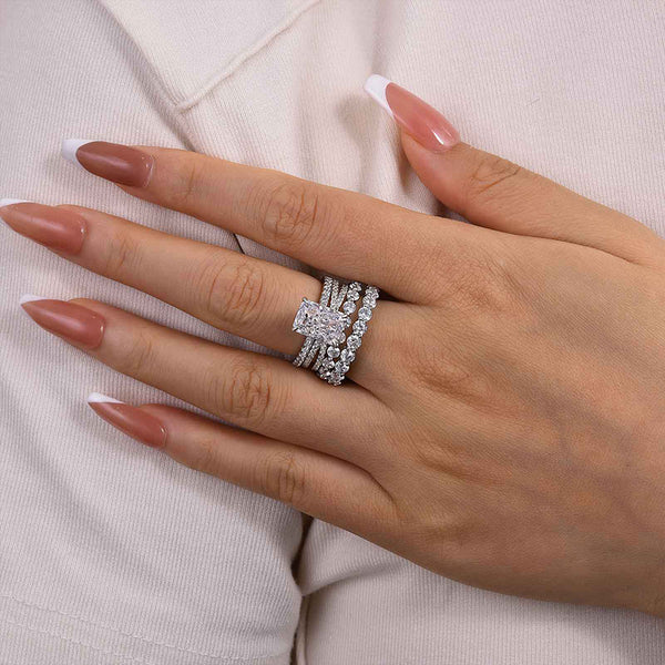 Louily Vinatge Radiant Cut White Stone 4PCS Wedding Ring Set In Sterling Silver