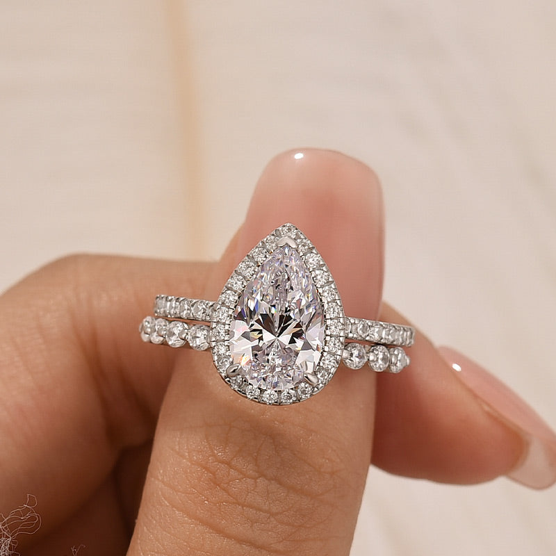 Louily 2PC Classic Halo Pear Cut Wedding Ring Set With Classic Wedding Band