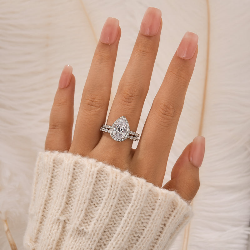 Louily 2PC Classic Halo Pear Cut Wedding Ring Set With Classic Wedding Band