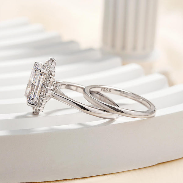 Louily Elegant Halo Radiant Cut Wedding Set For Women In Sterling Silver