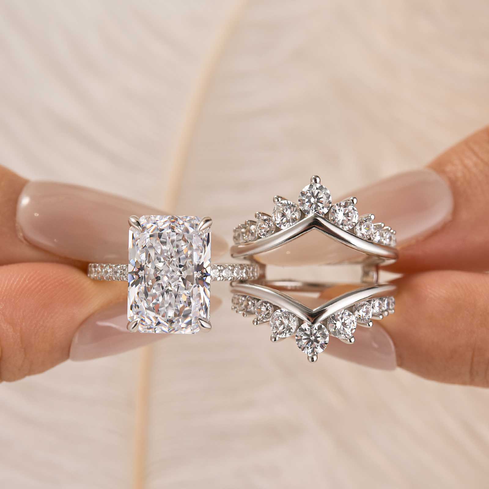 7.0 Carat Radiant Cut Insert Wedding Ring Set With Crown-Shaped Engagement Ring Enhancer