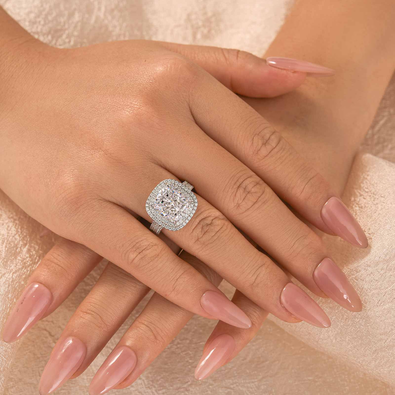 Louily Luxury Double Halo Three Shank Cushion Cut Engagement Ring