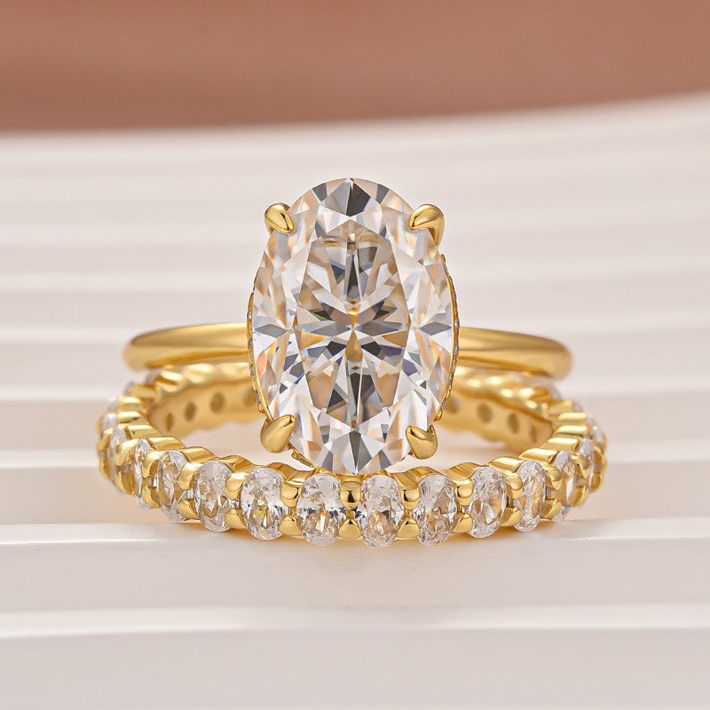 Moissanite 4.0 Ct Oval Cut Yellow Gold Engagement Ring with Oval Cut Eternity Ring