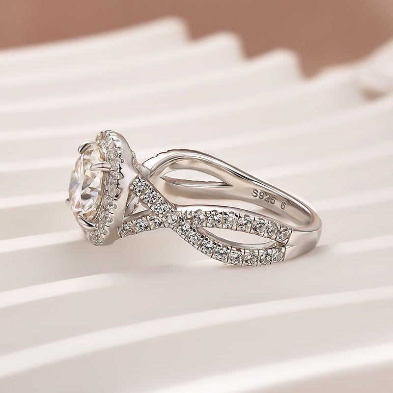 Moissanite 2.0Ct Halo Round Cut Twist White Gold Engagement Ring