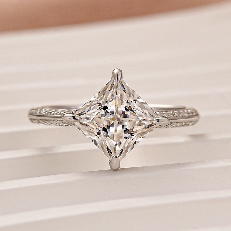 Moissanite Square 2.0Ct Princess Cut White Gold Triple Band Engagement Ring