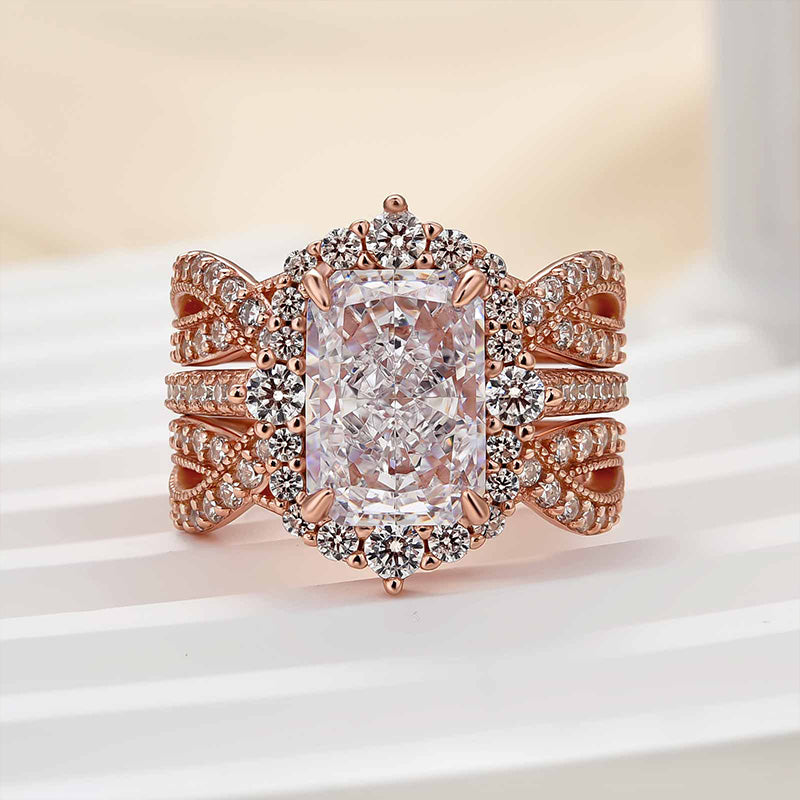 Louily Vintage Halo Radiant Cut Insert Wedding Ring Set For Women In Sterling Silver - louilyjewelry