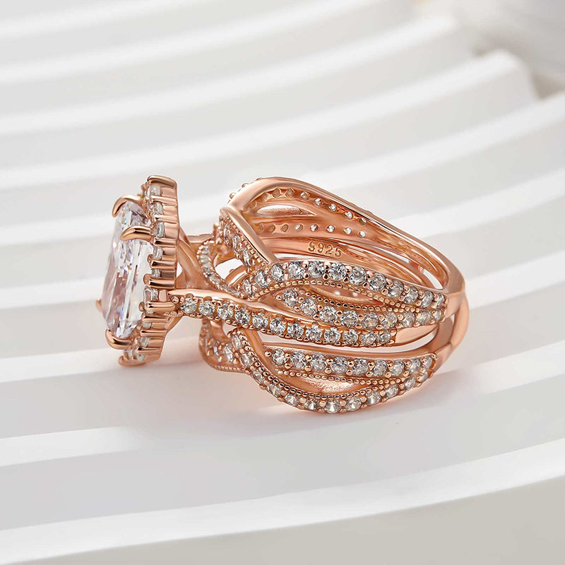 Louily Vintage Halo Radiant Cut Insert Wedding Ring Set For Women In Sterling Silver - louilyjewelry