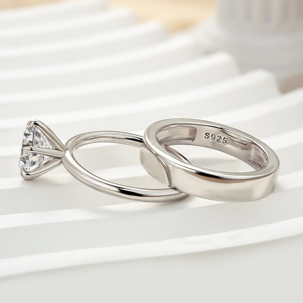 Louily Round Cut Wedding Ring Set With Wide Band In Sterling Silver