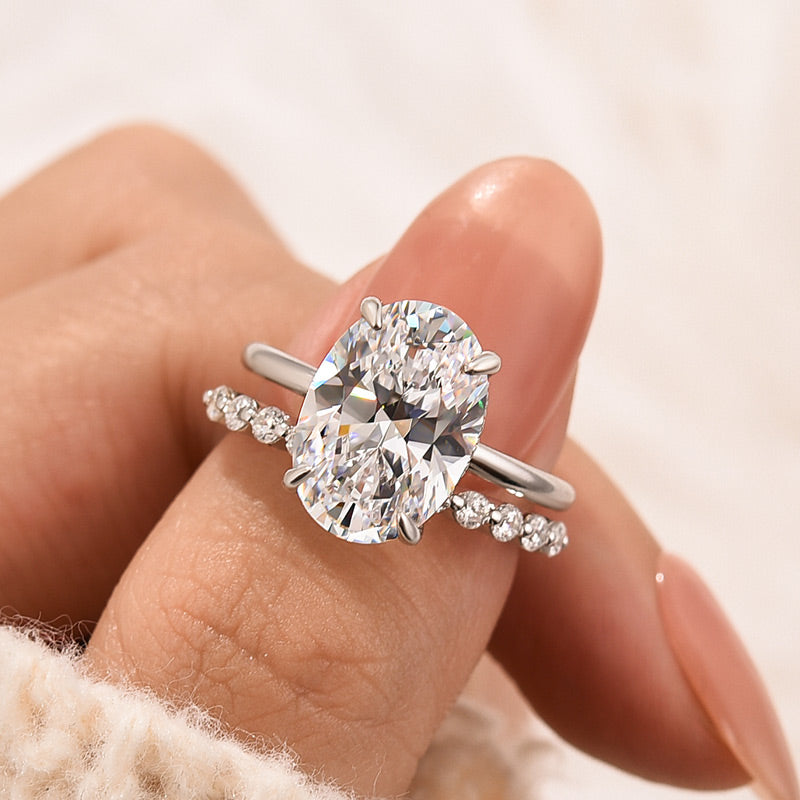 Louily Classic Yellow Gold Oval Cut Wedding Ring Set With Round Cut Wedding Band