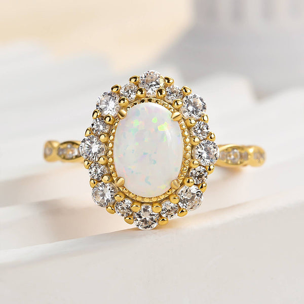 Louily Vintage Halo Oval Cut Opal Stone Engagement Ring