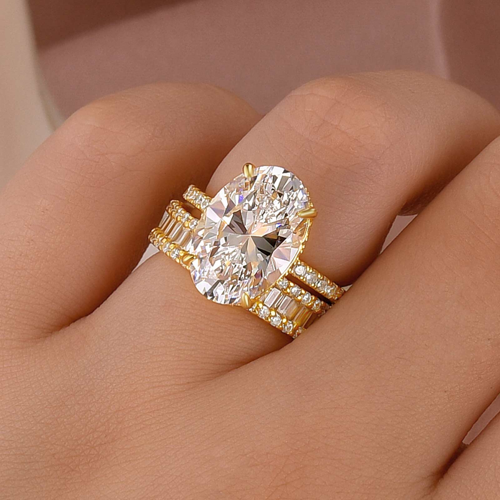 6.0Ct Oval Cut Wedding Ring Set Travel Ring With Emerald Cut Wedding Band