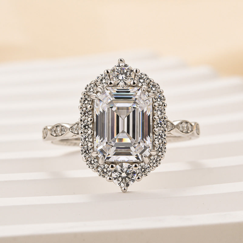 Louily Vintage Halo Emerald Cut Engagement Ring In Sterling Silver - louilyjewelry
