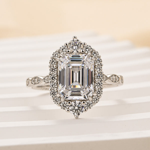 Louily Vintage Halo Emerald Cut Engagement Ring In Sterling Silver