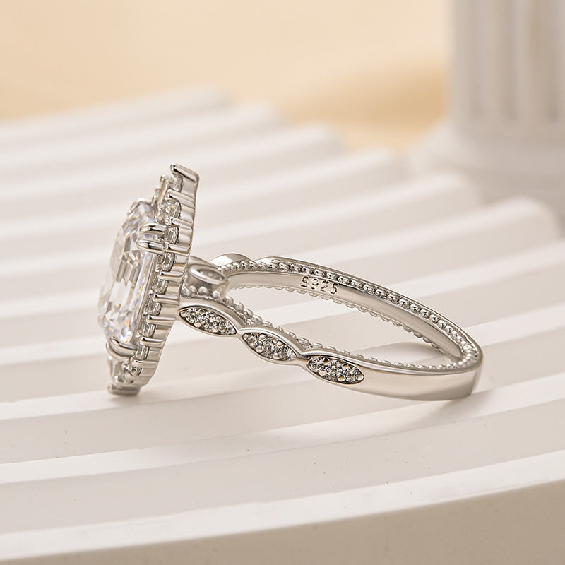 Louily Vintage Halo Emerald Cut Engagement Ring In Sterling Silver - louilyjewelry