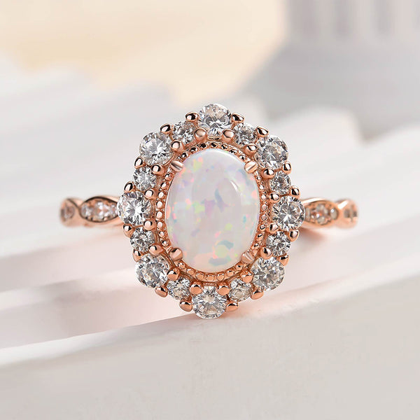 Louily Vintage Halo Oval Cut Opal Stone Engagement Ring