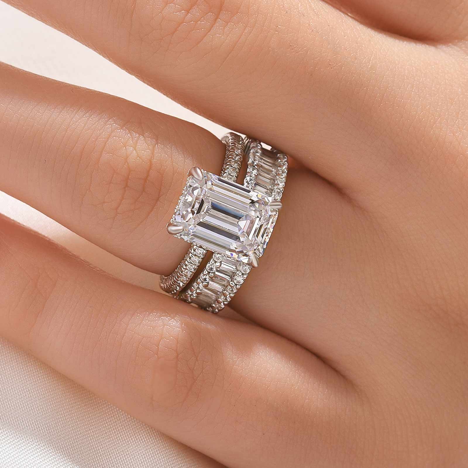 4.5Ct Emerald Cut Wedding Ring Set With Emerald Cut Wedding Band