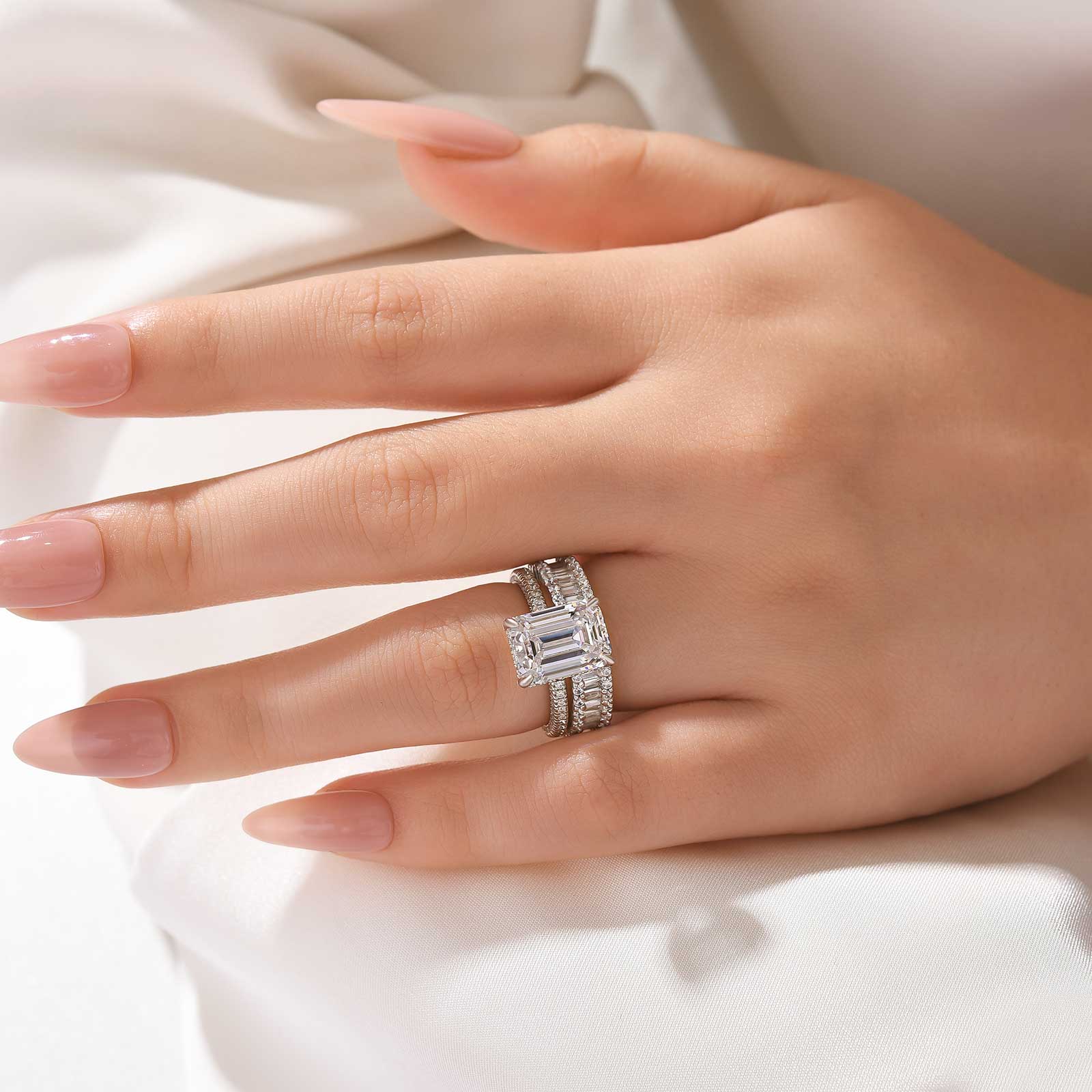 4.5Ct Emerald Cut Wedding Ring Set With Emerald Cut Wedding Band