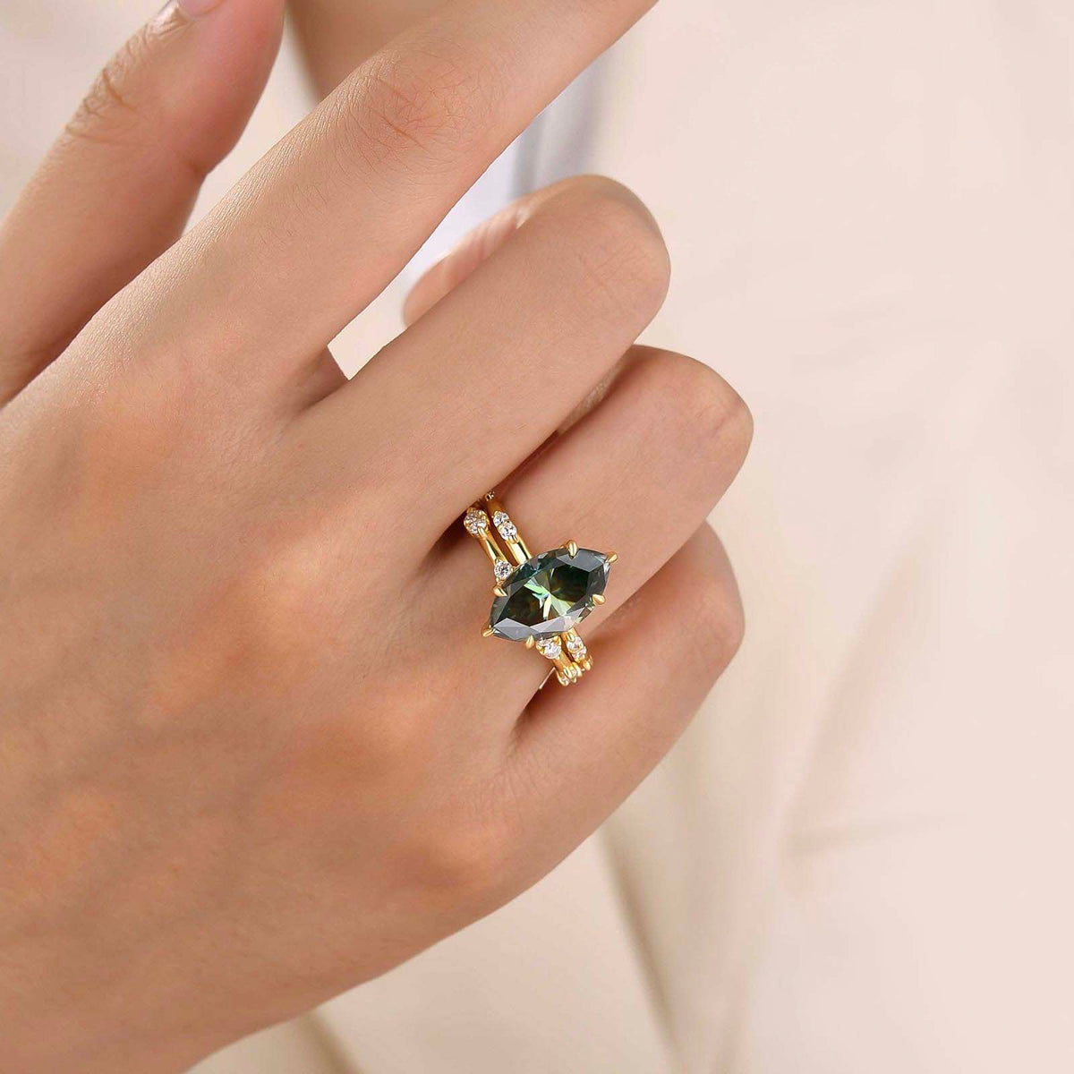 4.0CT Green Marquise Cut Moissanite Hidden Halo Nature Inspired Bridal Ring Set