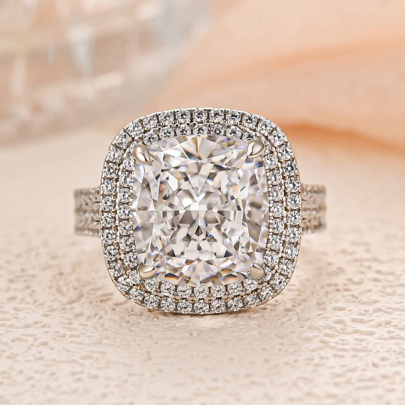 Louily Luxury Double Halo Three Shank Cushion Cut Engagement Ring