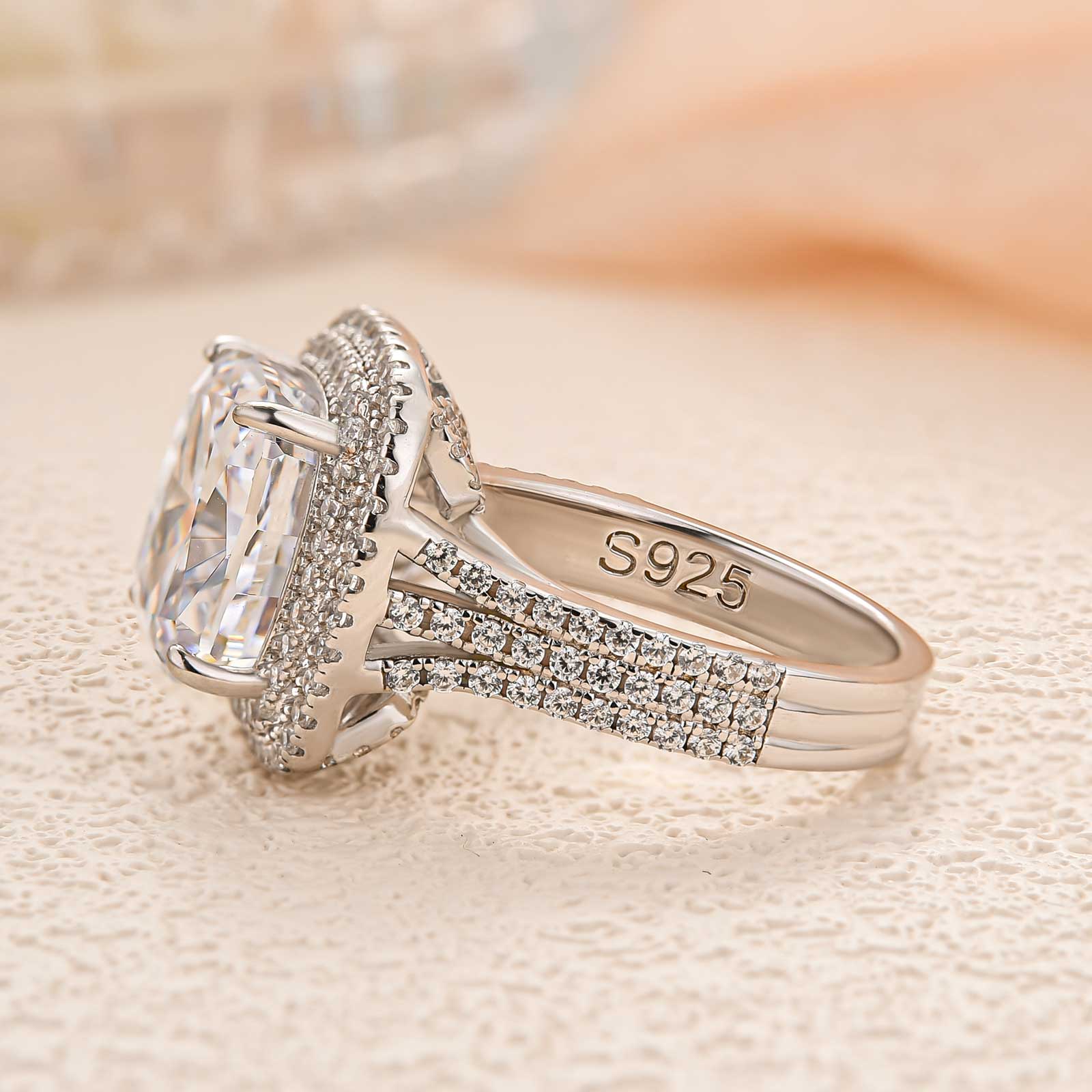 Louily Luxury Double Halo Three Shank Cushion Cut Engagement Ring