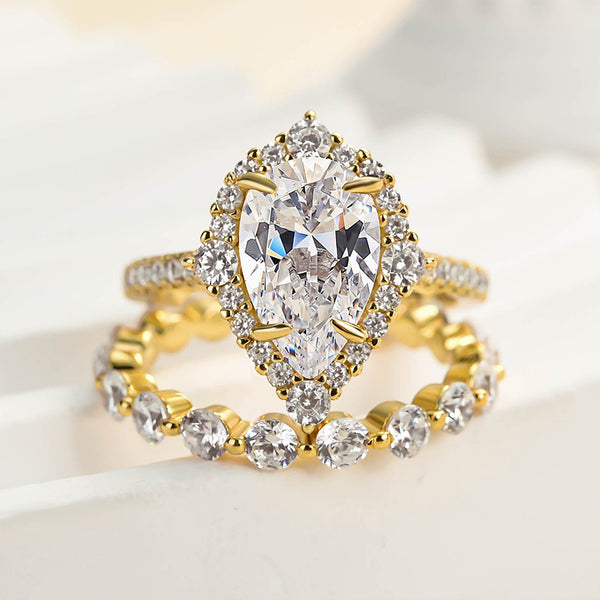 Louily Excellent Yellow Gold Halo Pear Cut Wedding Ring Set