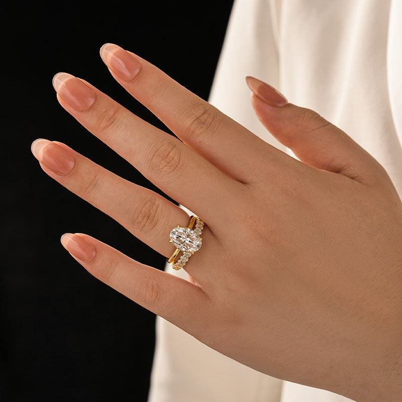 Moissanite 4.0 Ct Oval Cut Yellow Gold Engagement Ring with Oval Cut Eternity Ring