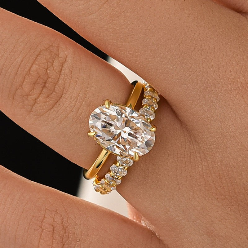 Moissanite 4.0 Ct Oval Cut Yellow Gold Engagement Ring with Oval Cut Eternity Ring