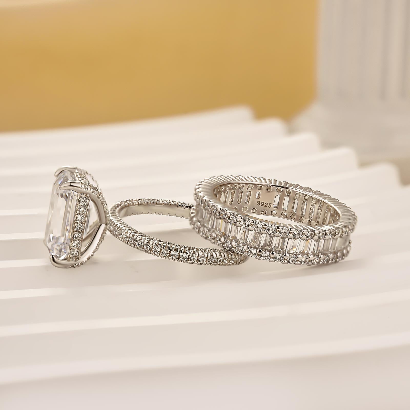 4.5Ct Emerald Cut Wedding Ring Set With Emerald Cut Wedding Band