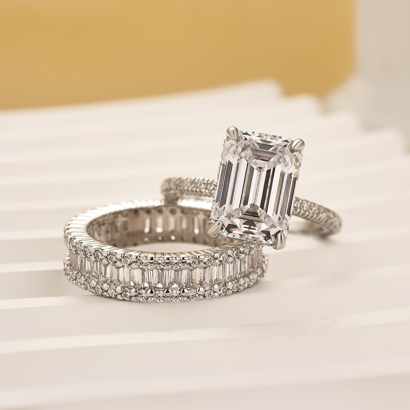 4.5Ct Emerald Cut Wedding Ring Set With Emerald Cut Wedding Band