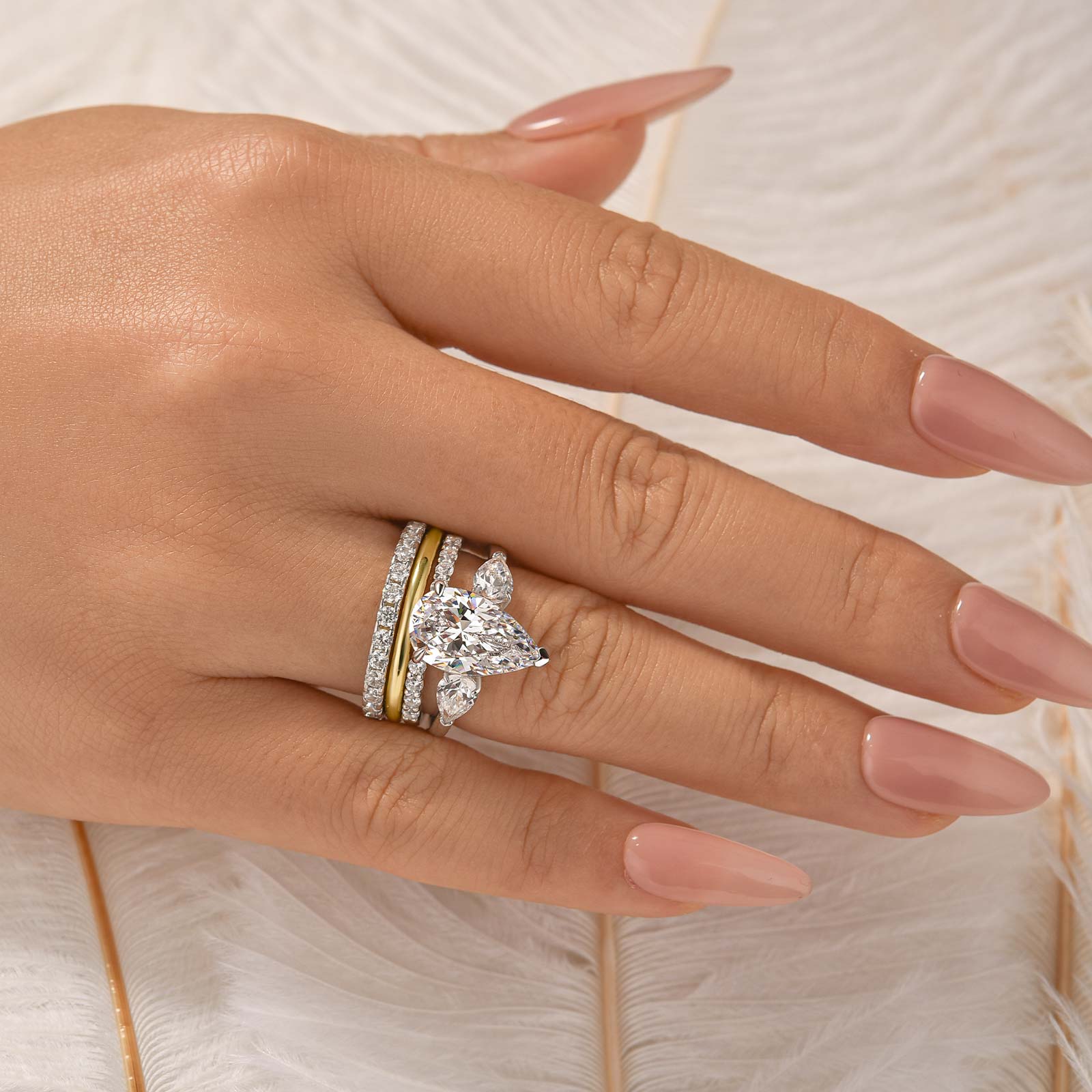 4PC 4.0Ct Pear Cut Three Stone Wedding Ring Set In Sterling Silver