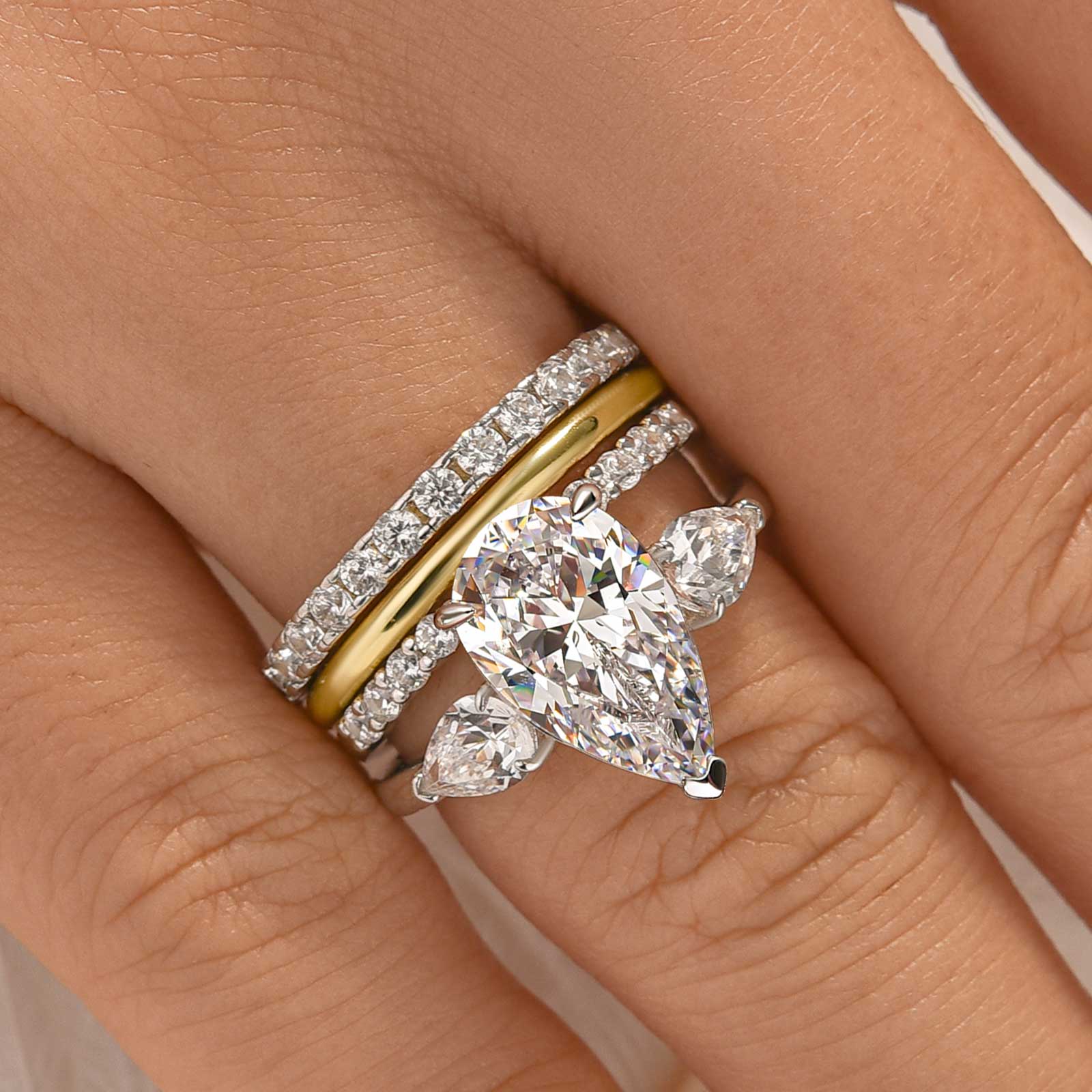 4PC 4.0Ct Pear Cut Three Stone Wedding Ring Set In Sterling Silver