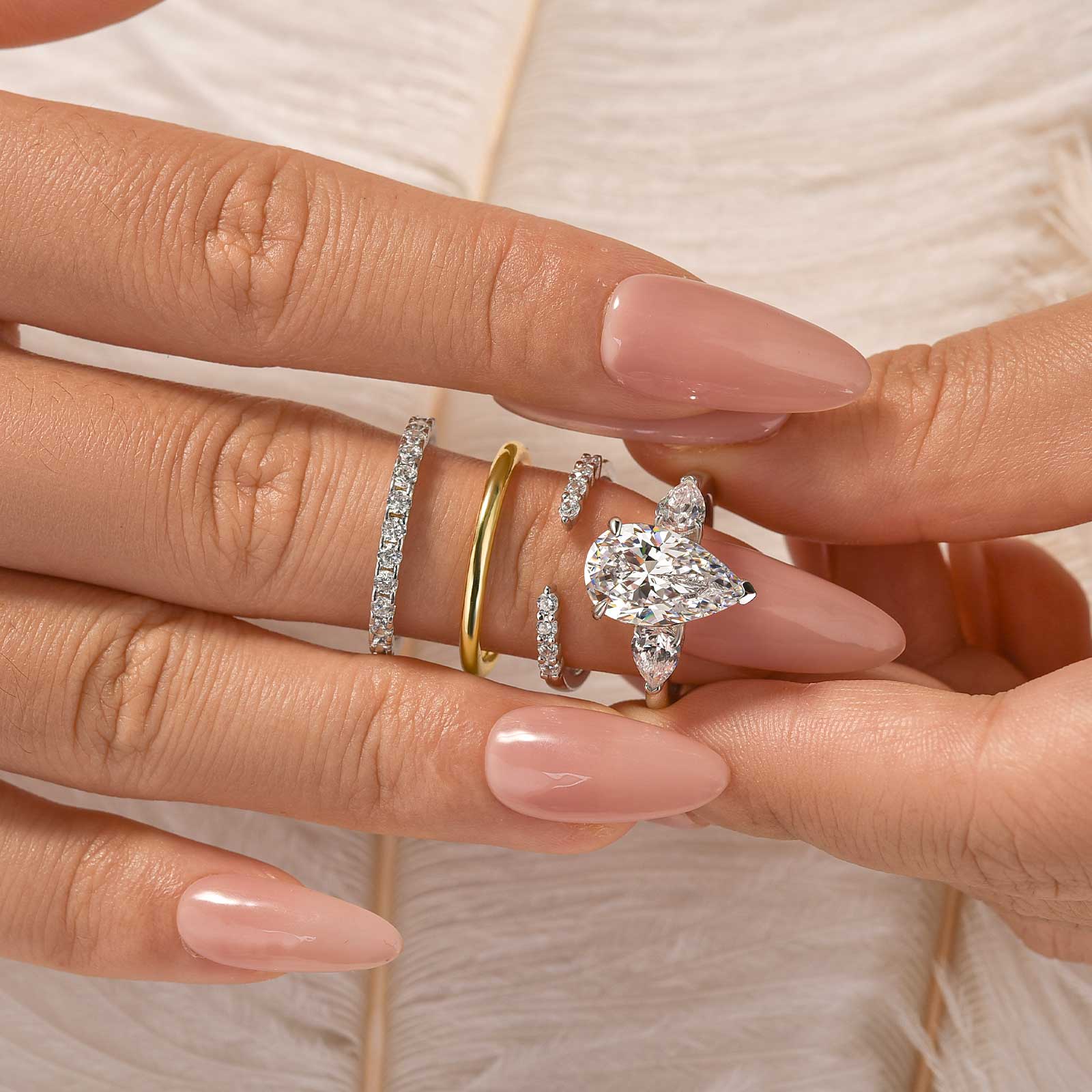 4PC 4.0Ct Pear Cut Three Stone Wedding Ring Set In Sterling Silver