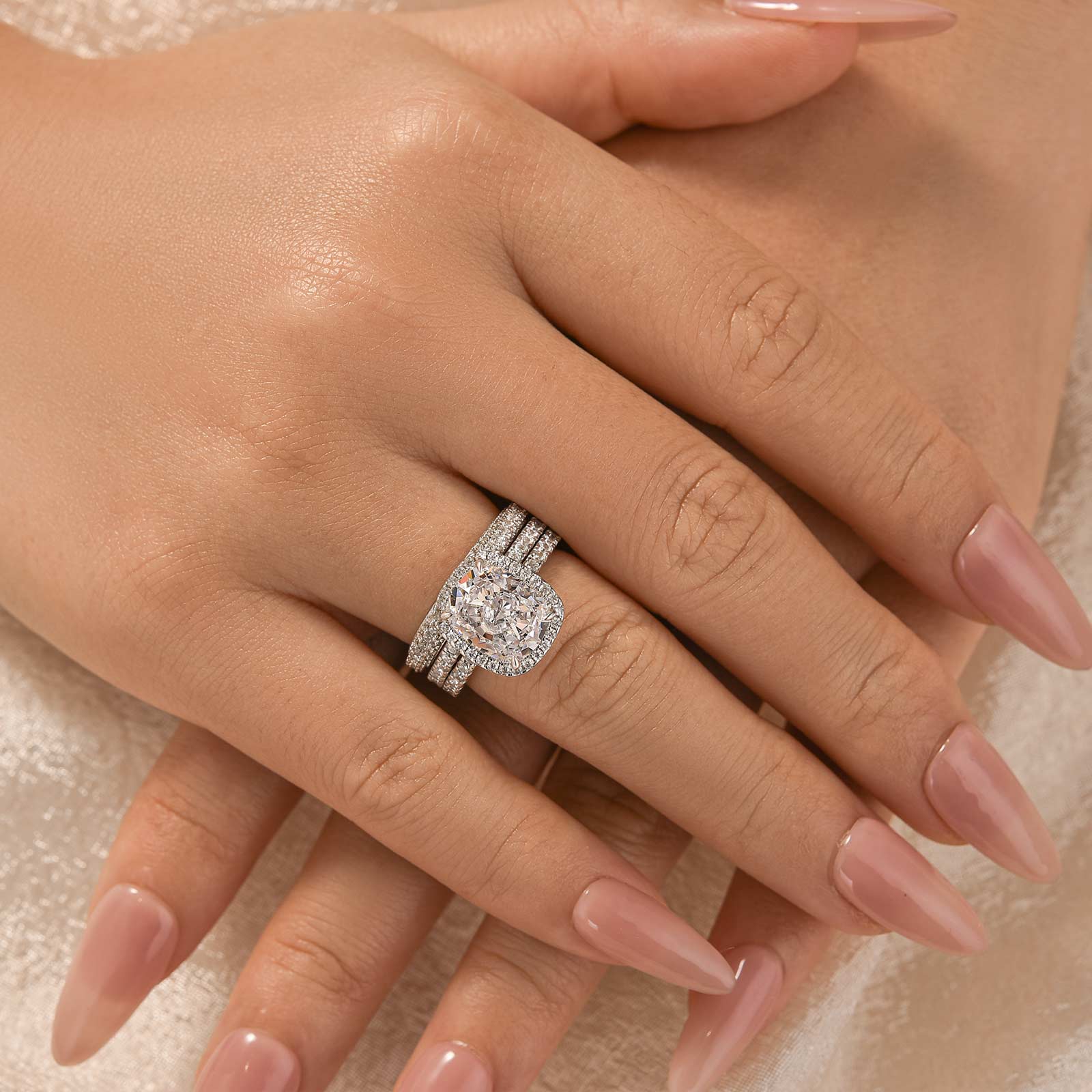 Louily Exclusive Halo Cushion Cut 3PC Wedding Set In Sterling Silver