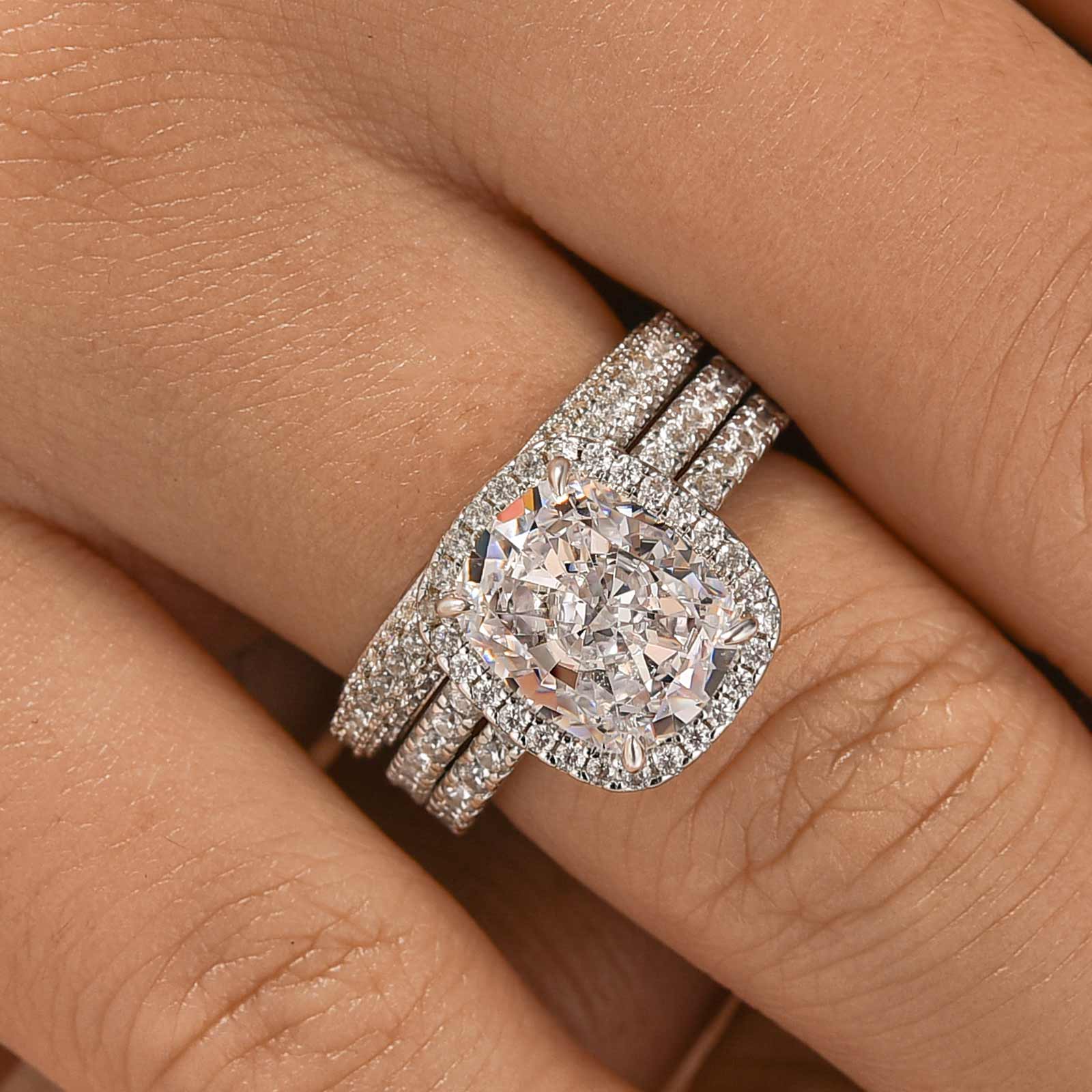 Louily Exclusive Halo Cushion Cut 3PC Wedding Set In Sterling Silver