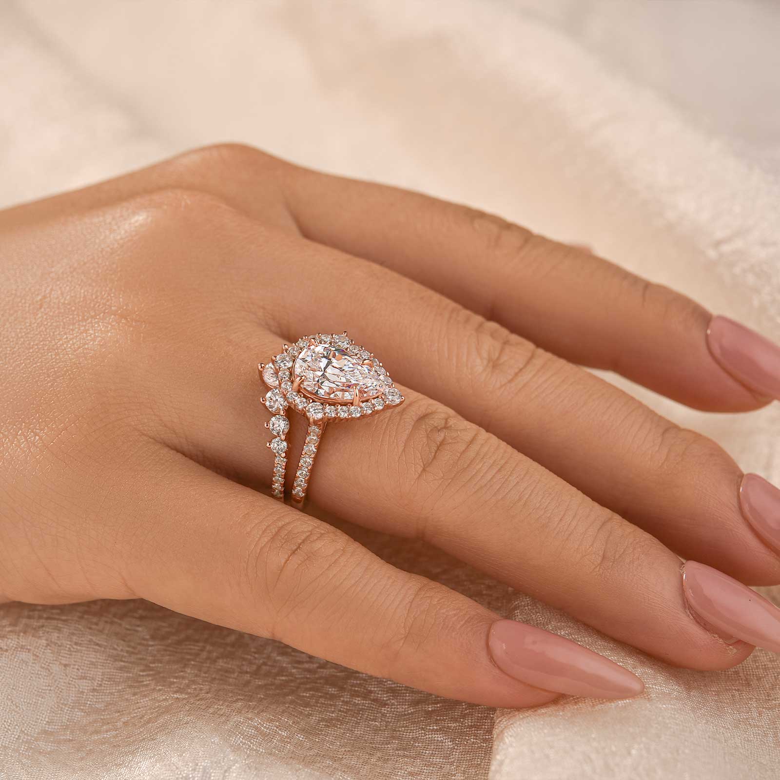 Louily Elegant Rose Gold 2.2 Carat Halo Pear Cut Bridal Ring Set In Sterling Silver